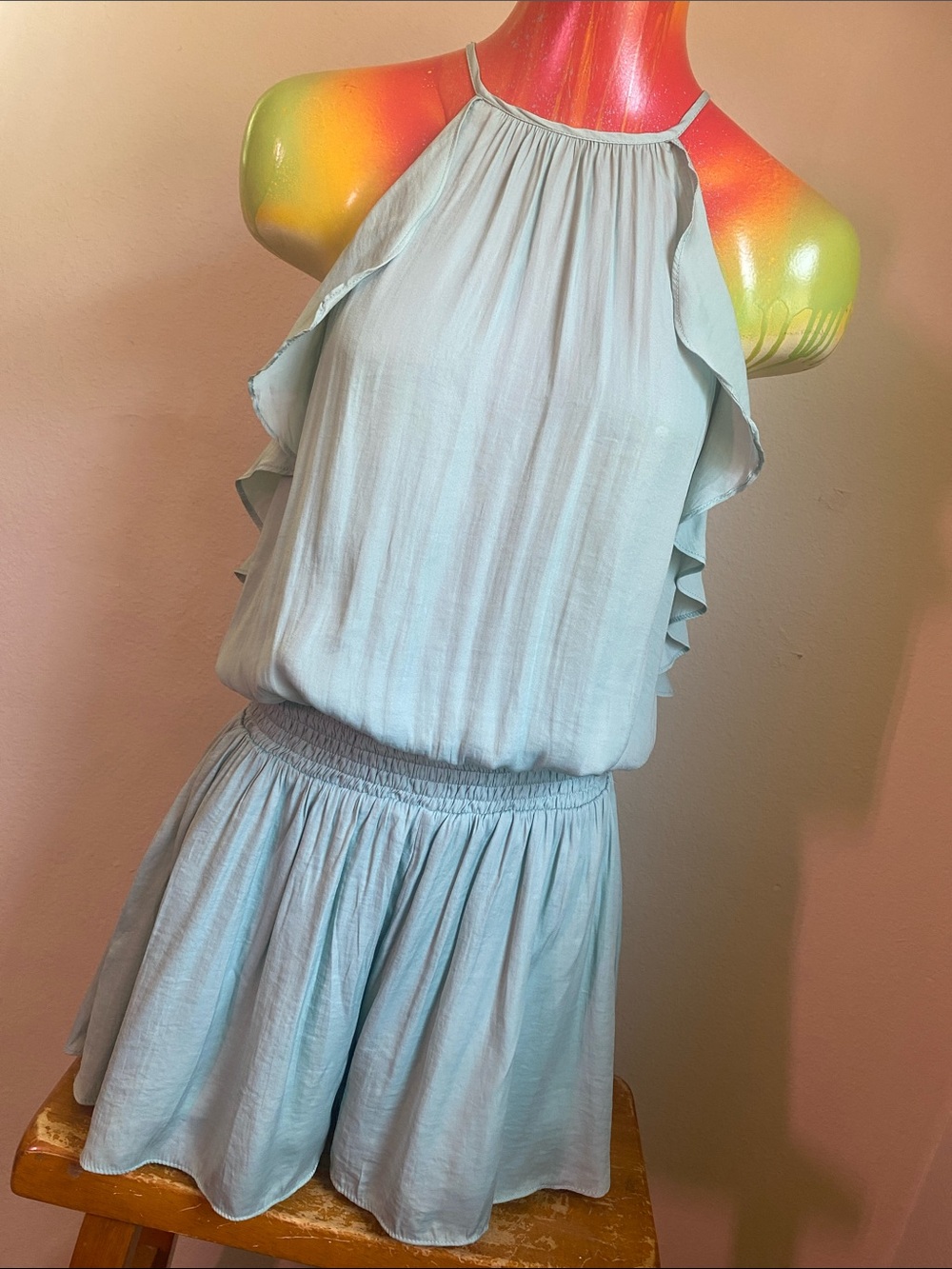 Pink Lily Pale Blue Green Ruffle Halter Romper